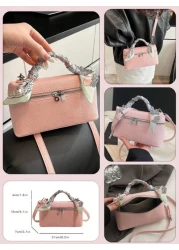 Stylish Silk Scarf Decor Handle Solid Color PU Leather Box Handbag Elegant Business Commuting Office Crossbody Bag Simple Large Capacity Travel Vacation Cosmetic Bags New Lightweight Versatile Outdoor