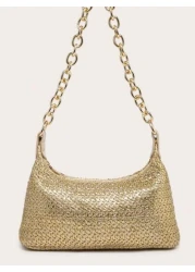 قطعة واحدة، حقيبة نسائية من القش الخفيفة المنسوج بسلسلة معدنية، موضة عصرية عالية الجودة للشاطئ ذات سعة كبيرة