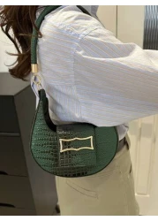 A Retro Fashion Indentation Crocodile Pattern Underarm Bag Hardware Buckle Opening Lightweight Solid Colour Shoulder Bag Suitable For Daily Use Tready Crescent Moon Bag For Women