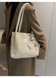 Scarf Letter Patch Decor Textured Square Bagtote Bag Handbag Shoulder BagCasual FashionGeometricLightweight Portable Large CapcityFor Girl For College Students For Woman For Women Rookies White Collar