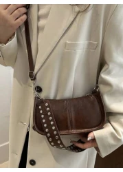 Fashionable Retro Rectangular Handbag Women s Rivet Decor Underarm Tote Bag Classic Zipper Shoulder Bag