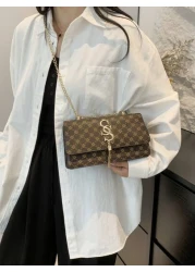 Plaid Rhombus Floral Pattern Flap Baguette Bag For Women Metal Tassel Letter Decor Shoulder Crossbody Handheld Multi Use Commute Bag