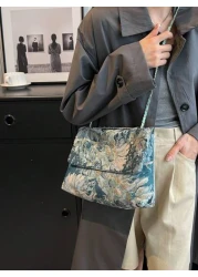 Floral Pattern Square Bag Flap Polyester Chain Strap