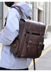 Men s Fashionable Casual Plain PU Flap Multi Pocket Large Capacity Backpack Suitable For Business Shopping Travel And Versatile Wear