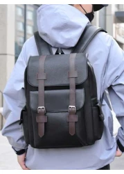New Spring Summer Solid Color PU Material Fashion Stylish Men Backpack Business Casual Backpack Student Schoolbag Flap Style Large Capacity Multi Pocket Organizer Fits Books Documents Clothes Laptop U
