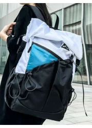 Lightweight Backpack Waterproof Roll Top Colorblock Fashion Portable Luggage Bag For Travel Outdoor Gym Expandable Student Personalized Book Bag With 1 Decorative Badge Included