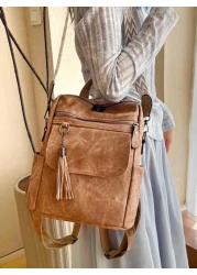 Chic Tassel Faux Leather Backpack For Women Versatile Waterproof With Adjustable Straps Zip Closure Perfect For Casual Outings