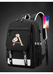 1pc Letter Printed Fashionable Functional Nylon Backpack With Extra Charging Port Suitable For Men Ideal For High School And College Students For Season Traveling And Vacation Letters From A To Z Holi