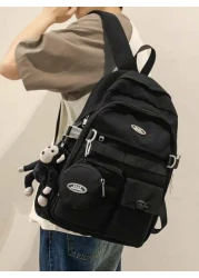 حقيبة ظهر نايلون عصرية بسحاب، ذات سعة كبيرة وحزام واحد للحمل، مناسبة لطلاب الجامعة والذهاب للمدرسة، تأتي مع ق