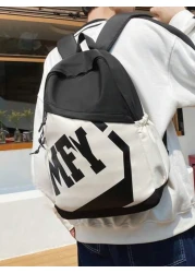 New Fashionable Contrast Color Large Letter Decor Water Resistant Nylon Backpack Casual College Style Spacious Laptop Bag 15 Inch 20L Suitable For School Errands Travel Holiday Gift