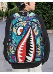 Men s Stylish Shark Mouth Print Backpack Shoulder Bag Contrast Color Letter Leaf Print Versatile College Bookbag All Over Random Print Large Capacity Lightweight Nylon Travel Bag Water Resistant Fits