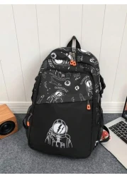 1pc Unisex Nylon Space Boy Printed Backpack With Letter Print Zip Closure Fashionable Casual Shoulder Bag For School