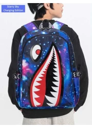 Men s Fashionable Starry Sky Print Backpack Stylish Shark Mouth Print Bookbag With Random All Over Print USB Charging Port Large Capacity Lightweight Nylon Travel Bag University Commute Backpack Fits