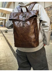 Backpack Flap Backpack Leather Backpack Large Capacity Oversized For Business Office Supplies Outdoor PU Leather Business Vintage Solid Color Men Gifts