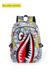 حقيبة ظهر/كتف بطبعة فم سمكة ركوب الأمواج ، حقيبة مدرسية/كمبيوتر محمول مع رسوم كهربائية زرقاء متباينة، مع حزام