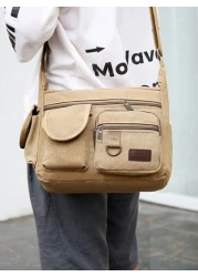 1Pc Khaki Canvas Shoulder Bag Large Capacity Multilayer Messenger Bag Student Travel Shoulder Bag Crossbody Bag Sling Bag For College School Lightweight Multifunctional Dad College Bag Freshman Multi