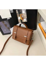 1pc Solid Black Brown Rivet Decor PU Waterproof Flap Closure Casual Men Shoulder Sling Bag Women Phone Purse Vintage Side Bags For Men