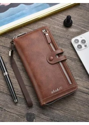 SHABILI 1 محفظة جلد طويلة سعة كبيرة وفتحات متعددة للبطاقات ، مزينة بقماش مقلم، مقاومة للسرقة وخفيفة الوزن، مناسبة