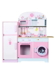 Wooden Play Kitchen for Kids with Lights &amp; Sounds &ndash; Toddler Kitchen Set with Ice Maker, Oven, Sink, Microwave, Fridge, Utensils &amp; Fruit Accessories