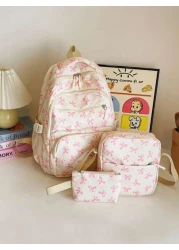 3pcs Nylon Bow Print Backpack Set Foldable Multi Pocket Large Capacity Water Resistant Zipper Backpack Suitable For High School College Students Ladies Daily Use Commuting Traveling Gifts For Valentin