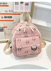 1pc Stylish And Simple Solid Color Corduroy Striped Backpack Cartoon Panda Pattern Small Fresh And Sweet Mini Backpack Zipper Opening And Closing Comfortable And Versatile Adjustable Shoulder Straps S