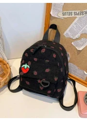 1 Piece Closed Fashionable Japanese Corduroy Stripes Small Fresh College Style Strawberry Pattern Backpack Korean Harajuku Print Small Backpack Suitable For All Occasions Comfortable And Adjustable Sh