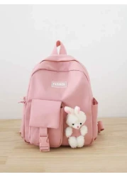 Girls Fuzzy Cartoon Rabbit Letter Patch Decor Zipper Cute Functional Backpack
