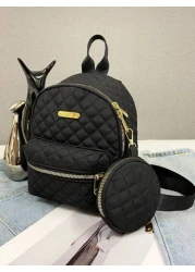 2pcs Children s Oxford Cloth Zipper Closure Argyle Pattern Fashionable Backpack Coin Purse Versatile Vintage Style Suitable For Daily Use