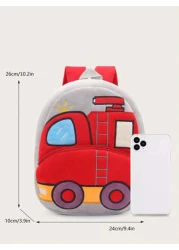 1pc Plush Cartoon Fire Truck Pattern Backpack Suitable For 2 4 Years Old Boys Girls Daily Use