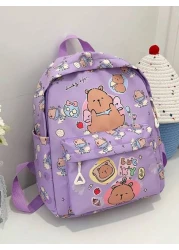 1pc Cute Capybara Backpack Cartoon Animal Print Casual Style Back To School Backpack With Zipper Closure And Adjustable Shoulder Straps Suitable For Campus And Travel