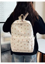 1pc White Nylon Floral Print Dual Zipper Large Capacity Fashionable Versatile Backpack Student Bag