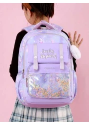 حقيبة ظهر للأطفال ذات سعة كبيرة ومتينة متعددة الطبقات، حقيبة مدرسية مقاومة للماء مزينة بطبعة وحيد القرن، مع ت