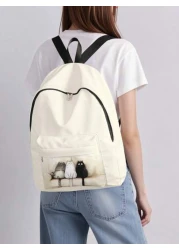 قطعة واحدة حقيبة ظهر صغيرة مطبوع عليها قطة كيوت، مزودة بسحاب إغلاق، جيوب، حقيبة ظهر عصرية للأولاد والبنات، من