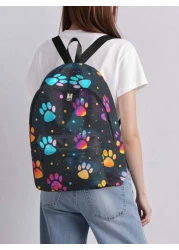 1pc Backpack With Colorful Paw Print Pattern Zipper Closure Pockets Backpack Suitable For Boys And Girls Daily Use For School And Outings