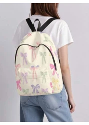 1pc Colorful Bow Backpack With Pockets Zipper Closure Suitable For Boys And Girls Stylish Everyday Use Backpack For School And Outdoor Activities