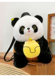 1 Pc New Cartoon Panda Hugging Honey Pattern Plush Material Backpack For Girls And Boys Adjustable Straps Zipper Closure Fashionable And Cute For Travel Shopping Outings And Gifts