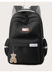 Bear Charm Decoration Large Capacity Casual Fashion Backpack Solid Color School Bag Large Capacity Zipper Simple School Bag Cute Student School Bag Suitable For Girls Daily School And Outing Use