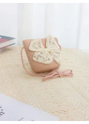 1pc Kids Cute Ribbon Bow Straw Crossbody Bag Princess Style Shoulder Bag Suitable For Daily Outings