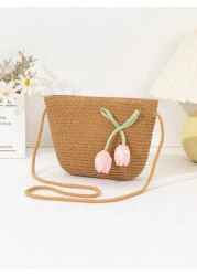 New Straw Bag For Girls Lightweight Fashionable Suitable For Beach Travel Shopping Decorated With Cute Pink Flowers Girl Crossbody Phone Bag