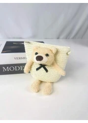 1pc Kids Cute Cartoon Bear Straw Beach Bag Princess Shoulder Crossbody Suitable For Daily Outing