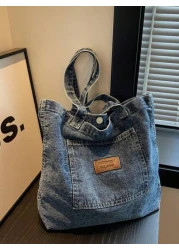 Canvas Shoulder Tote Bag Large Capacity Denim Solid Color Handbag Simple Commuter Handbag