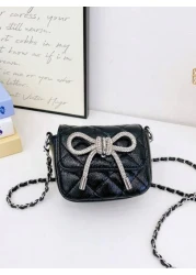 1pc Pu Magnetic Opening And Closing Fashion Sweet Bow Solid Color Diamond Grid Crossbody Mini Square Bag Korean French Exquisite Aesthetic Niche Design Chain Shoulder Crossbody Bag Versatile Casual Hi