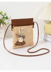 Girl New Straw Woven Bag With PU Strap Lightweight Fashion Adorned With Cute Rabbit Charm Suitable For Beach Travel Street Wear Crossbody Handbag
