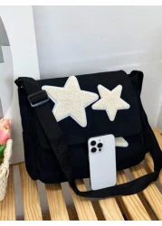 1pc Teenage Girls Star Printed Nylon Crossbody Bag With Flap Cover And Large Capacity Tote Bag