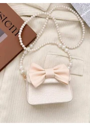 1 Pc New Girls Solid Color Bow Decorated Pu Small Crossbody Bag Flip Top Closure Beaded Strap Fashionable And Cute For Outings Shopping Gatherings Or Gift For Friends