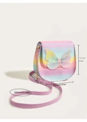 1pc Girls Cute Glitter Butterfly Flap Rainbow Plaid PU Crossbody Bag Suitable For Daily Use