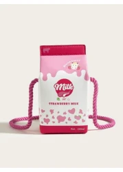 1pc Kids Pink Strawberry Cow Print PU Milk Carton Cute Cartoon 3D Fashion One Shoulder Crossbody Bag Suitable For Daily Use