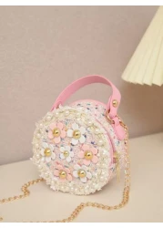 1pc Kids Girls Floral Cute One Shoulder Backpack With Zipper Closure Mini Round Crossbody Bag