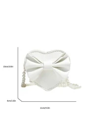 PU Leather Bow Decor Child s Single Shoulder Bag With Pearl Strap Princess Heart Shaped Small Crossbody Purse