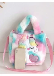 1pc Cartoon Plush Shoulder Bag Cute Unicorn Girls Crossbody Bag Tie Dye Gradient Color Plush Unicorn Style Handbag With Zipper Closure For Girls Simple Style Suitable For Trips Study Shopping Comes Wi